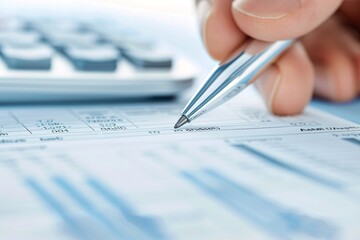 Close-up view of a financial advisor's hand holding a pen and highlighting important sections on a tax document, with ample copyspace for text.