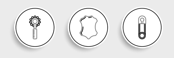 Set line Classic closed steel safety pin, Cutter tool and Leather icon. Vector