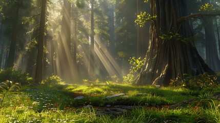 Obraz premium Majestic Redwood Forest Under Sunbeams Nature Photography