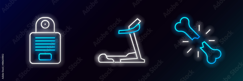 Poster set line human broken bone, intercom and treadmill machine icon. glowing neon. vector