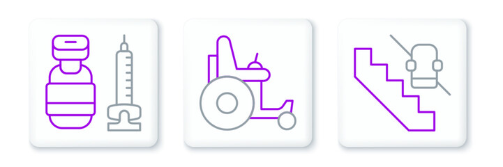 Set line Disabled elevator, Syringe and Electric wheelchair icon. Vector