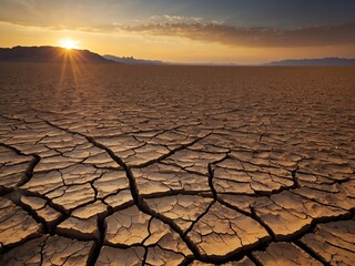 Sunset over parched, cracked desert terrain