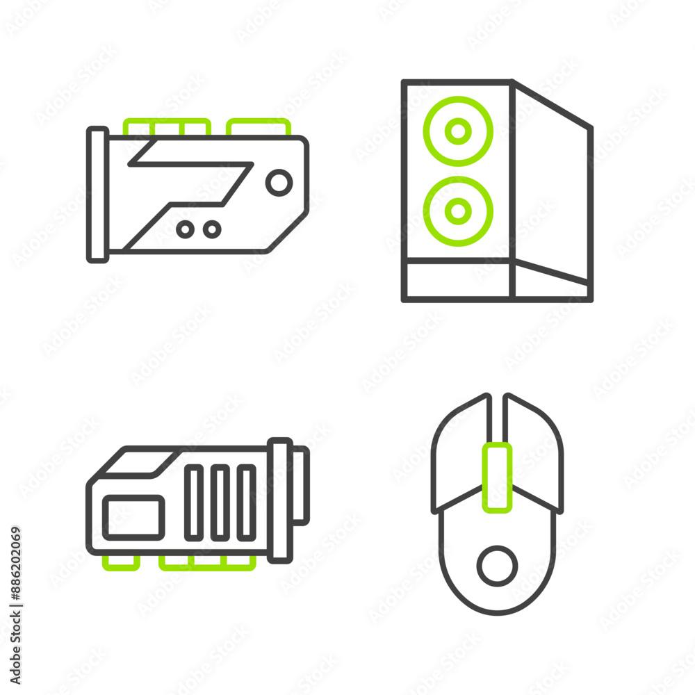 Poster set line computer mouse, video graphic card, case of computer and icon. vector
