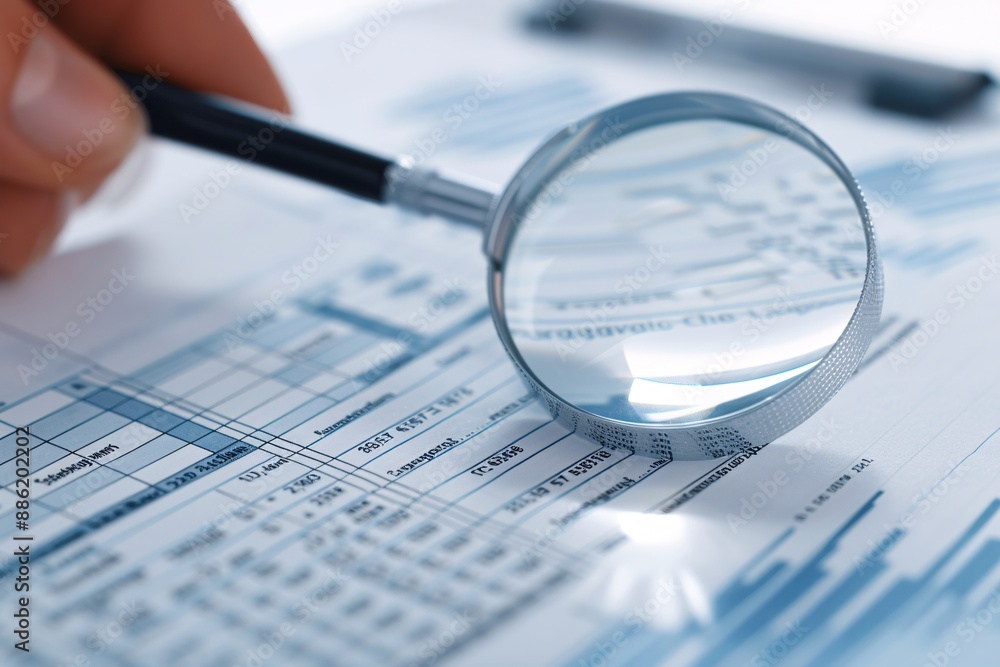 Poster close-up of a financial advisor's hand using a magnifying glass to highlight important sections on a
