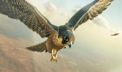 Majestic Falcon in Flight Over Vast Desert Landscape with Sunset