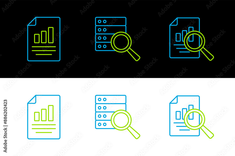 Poster set line document with graph chart, and server icon. vector