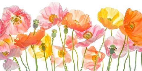 Watercolor-style Coral Pink Poppies on White Background with Yellow, Orange, and Green Accents. Concept Floral Art, Watercolor Painting, Coral Pink Poppies, White Background, Color Scheme