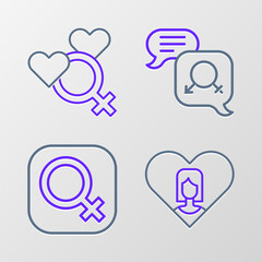 Set line Heart with female, Female gender, Gender equality and icon. Vector