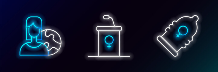 Set line Condom, Women from different countries and Debate podium rostrum icon. Glowing neon. Vector