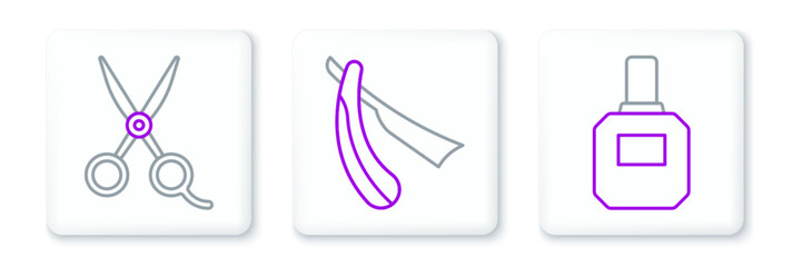 Set line Aftershave, Scissors hairdresser and Straight razor icon. Vector