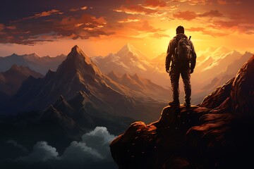 Fototapeta premium Hiker with backpack on the top of a mountain. 3d rendering