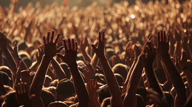 A crowd of people at a concert with their hands raised in the air, cheering and enjoying the music - Generative AI - Generative AI