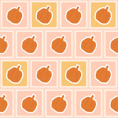Pumpkin checked seamless pattern. Cutouts paper shapes repeat background. Bento box retro stamps design. Vector hand drawn illustration.