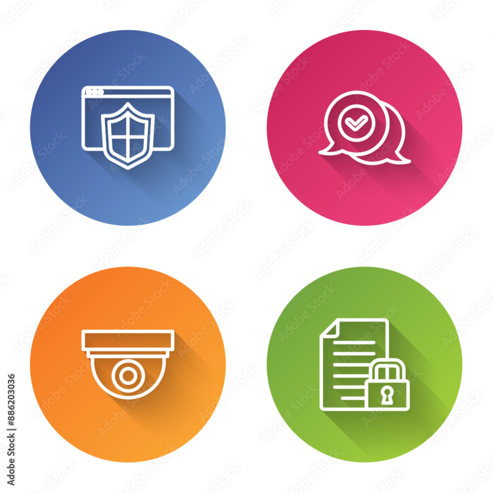 Poster set line browser with shield, check mark in speech bubble, security camera and document and lock. co