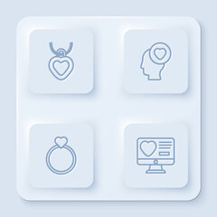 Set line Necklace with heart shaped, Head, Wedding rings and Dating app online. White square button. Vector