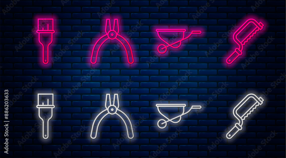 Wall mural set line pliers tool, wheelbarrow, paint brush and hacksaw. glowing neon icon on brick wall. vector