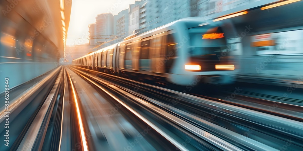 Wall mural High-speed train weaving through city center, linking smart buildings. Concept Smart Transportation, Urban Infrastructure, High-Speed Trains, City Development, Modern Architecture