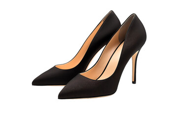 Sleek Black Satin Pumps on a White Background on a White or Clear Surface PNG Transparent Background.