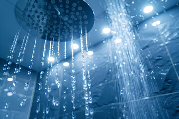 Water flowing from a shower in a bathroom
