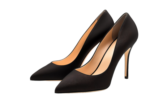 Sleek Black Satin Pumps on a White Background on a White or Clear Surface PNG Transparent Background.