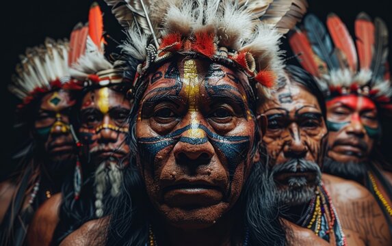 A group of indigenous people from the Amazon stand together, wearing traditional headdresses and face paint