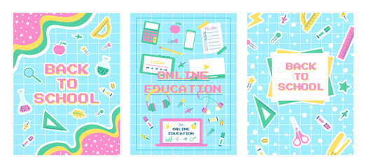 Set of back to school posters with school supplies on a blue background. Vector template for banner, post, postcard