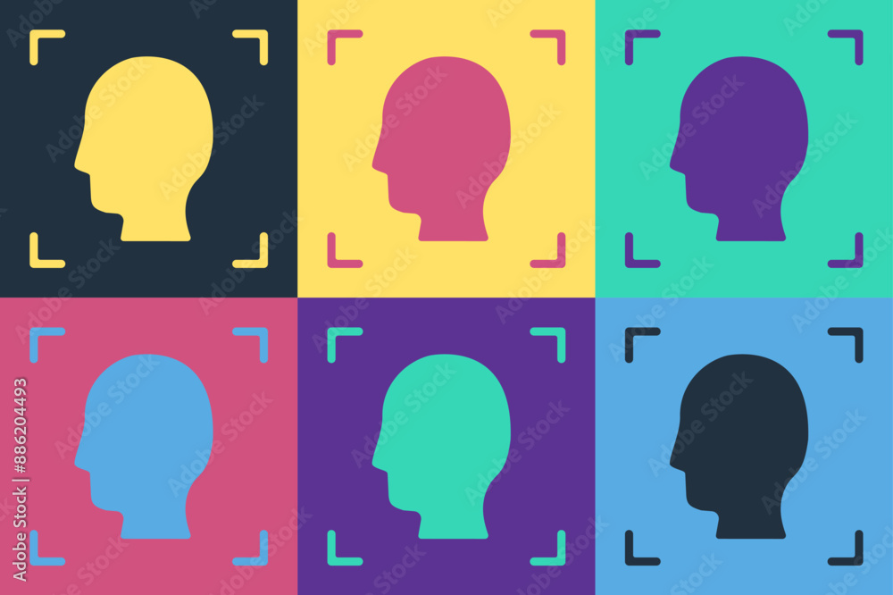 Poster pop art face recognition icon isolated on color background. face identification scanner icon. facial