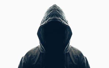 A lone figure, wearing a hooded jacket, stands against a bright white background. The figure's face is obscured by the hood, creating a mysterious and shadowy image