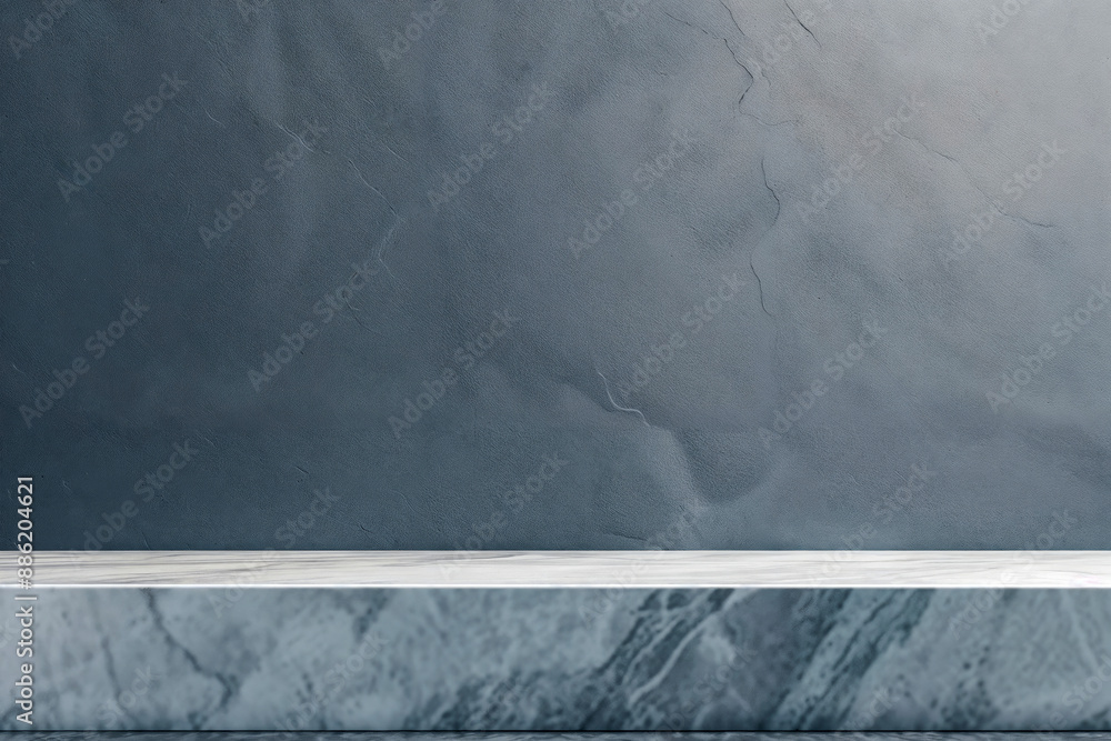Aufkleber empty marble top table displaying on blue concrete wall background for product placement