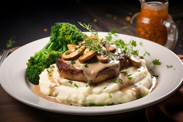 Grilled chicken fillet with mushrooms and sauce on a white plate