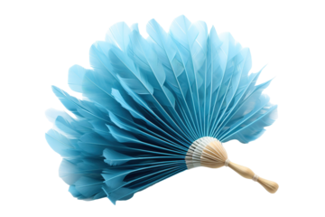 A Gentle Breeze of Turquoise: A Feather Hand Fan Unfolds on a White Background on a White or Clear Surface PNG Transparent Background.