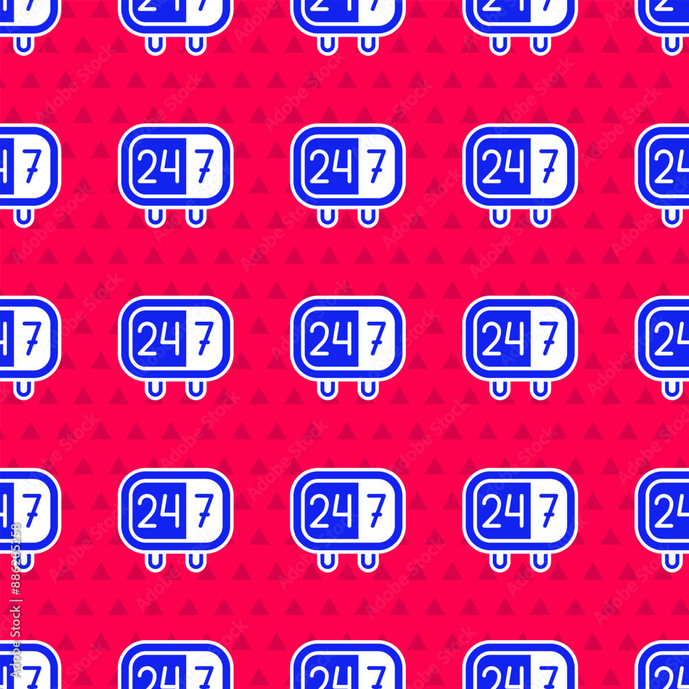 Poster blue clock 24 hours icon isolated seamless pattern on red background. all day cyclic icon. 24 hours 