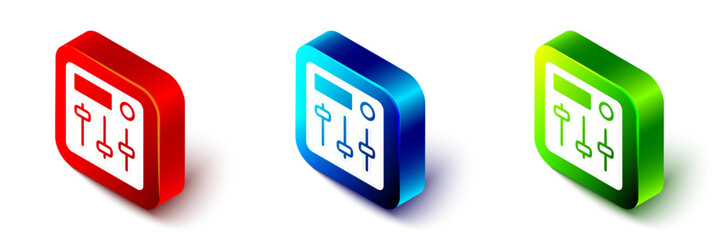 Isometric Sound mixer controller icon isolated on white background. Dj equipment slider buttons. Mixing console. Red, blue and green square button. Vector