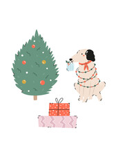 Holiday Christmas card with adorable dog, fir tree dog and wrapped gift boxes. Greeting card design, hand drawn illustration
