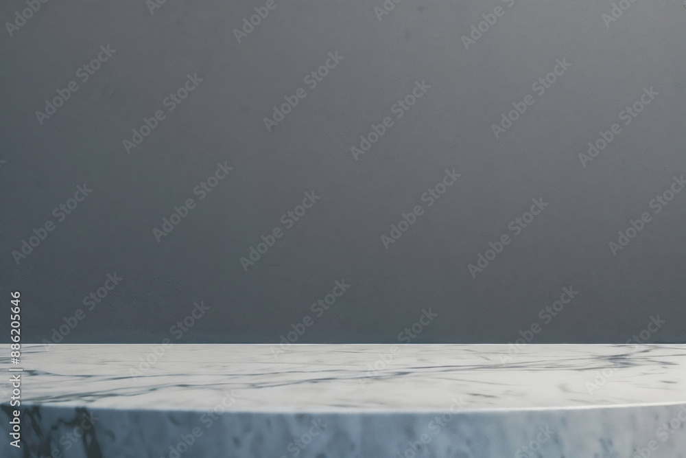 Poster Empty round marble table top on a gray background, showcasing a minimalist and elegant design
