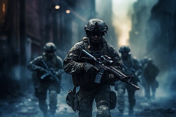 Fototapeta premium Navy Special forces soldiers in action on war foggy day