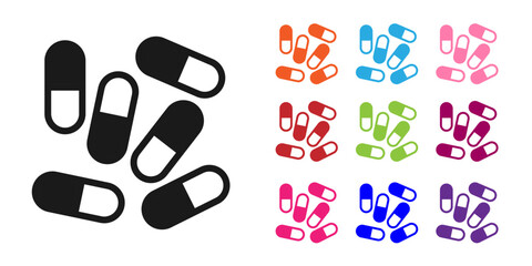 Black Medicine pill or tablet icon isolated on white background. Capsule pill and drug sign. Pharmacy design. Set icons colorful. Vector