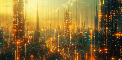 Fototapeta premium An illuminated futuristic cityscape adorned with golden lights and vibrant digital effects, showcasing a blend of modern architecture and advanced technological aesthetics.