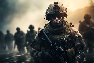 Fototapeta premium Navy Special forces soldiers in action on war foggy day