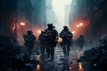 Navy Special forces soldiers in action on war foggy day