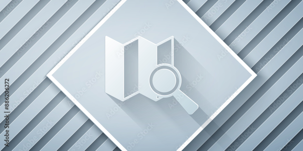 Poster paper cut search location icon isolated on grey background. magnifying glass with pointer sign. pape