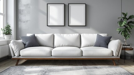 Minimalist modern living room with white sofa, teal pillows, and frames against beige wall