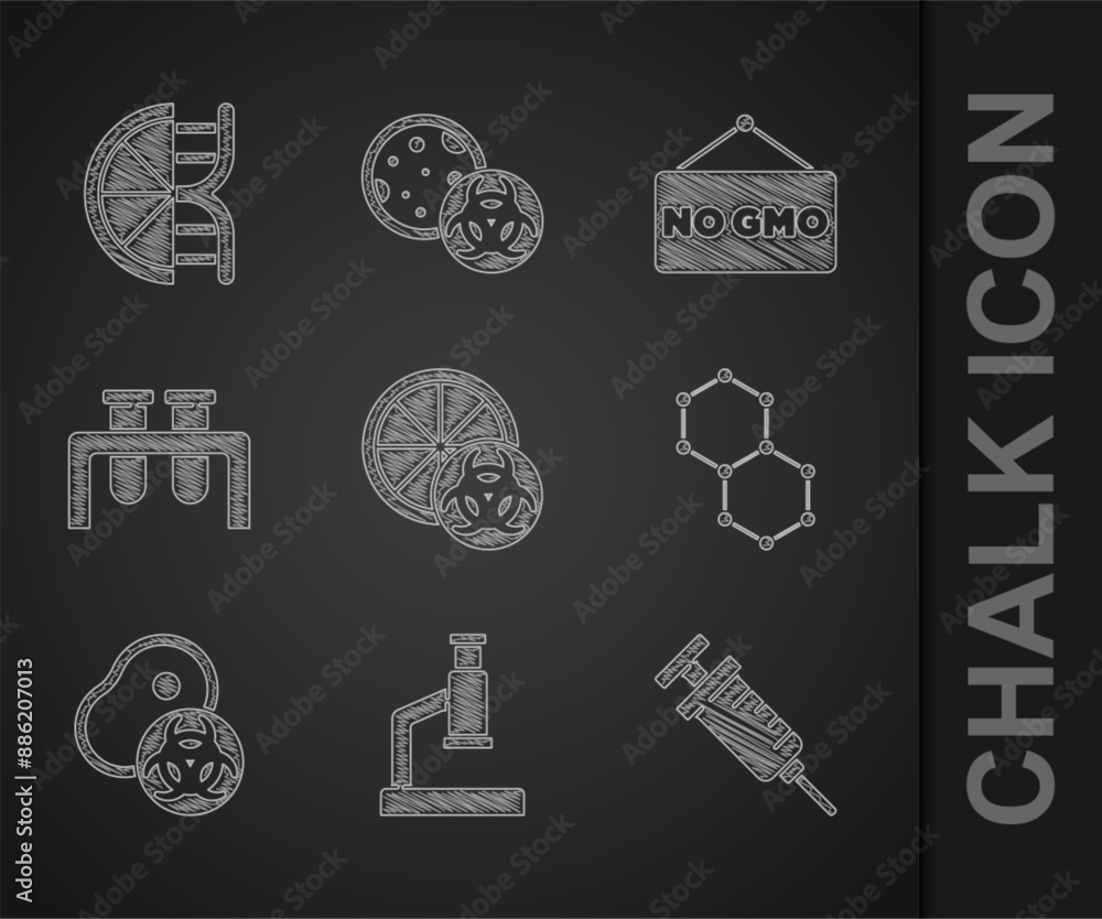 Wall mural set genetically modified orange, microscope, syringe, chemical formula, meat, test tube and flask, n