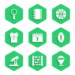 Set Calendar first september date, Abacus, Alphabet, American Football ball, Microscope, School backpack, Basketball and Magnifying glass icon. Vector
