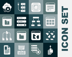 Set Data export, stream, Browser files, Processor with CPU, Server, Data, Web Hosting, File missing, Cloud technology data transfer and Hierarchy organogram chart icon. Vector