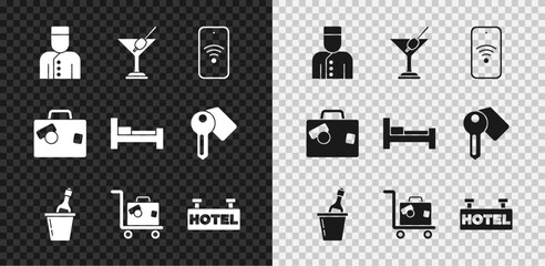 Set Concierge, Martini glass, Mobile with wi-fi wireless, Champagne an ice bucket, Suitcase, Signboard text Hotel, and room bed icon. Vector