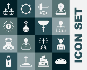 Set Bread loaf, Krampus, heck, Hands in praying position, Crucifixion of Jesus Christ, Christian cross, Religious circle, Priest and chain icon. Vector