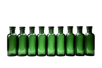 A Row of Ten Emerald Green Glass Bottles With Black Caps on a White or Clear Surface PNG Transparent Background.