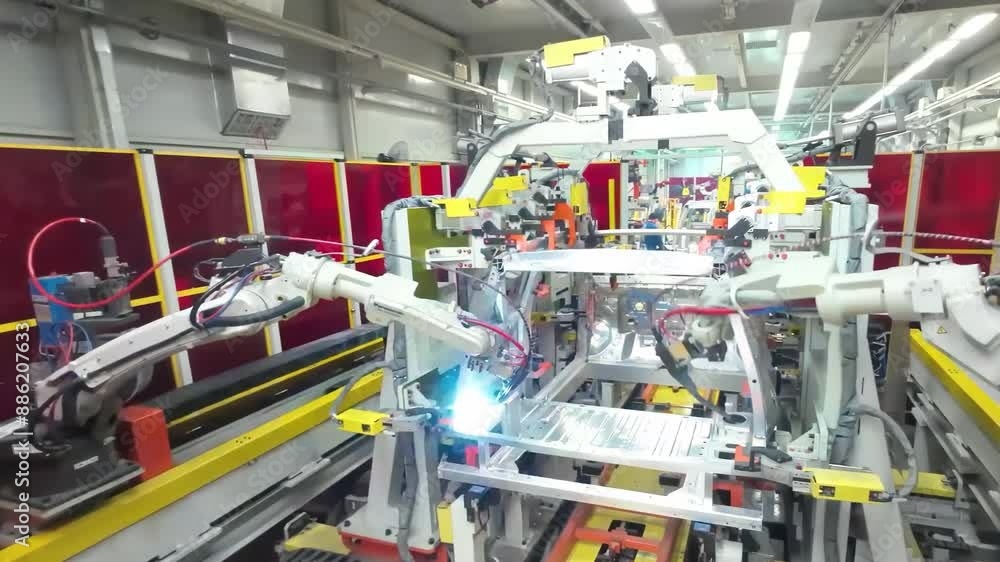 Poster close up view robot arm inspecting an automobile assembly line works in a factory that assembles lit