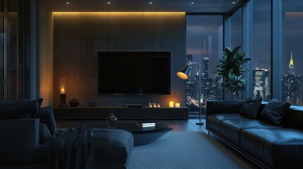 Modern Living Room with Cityscape View
